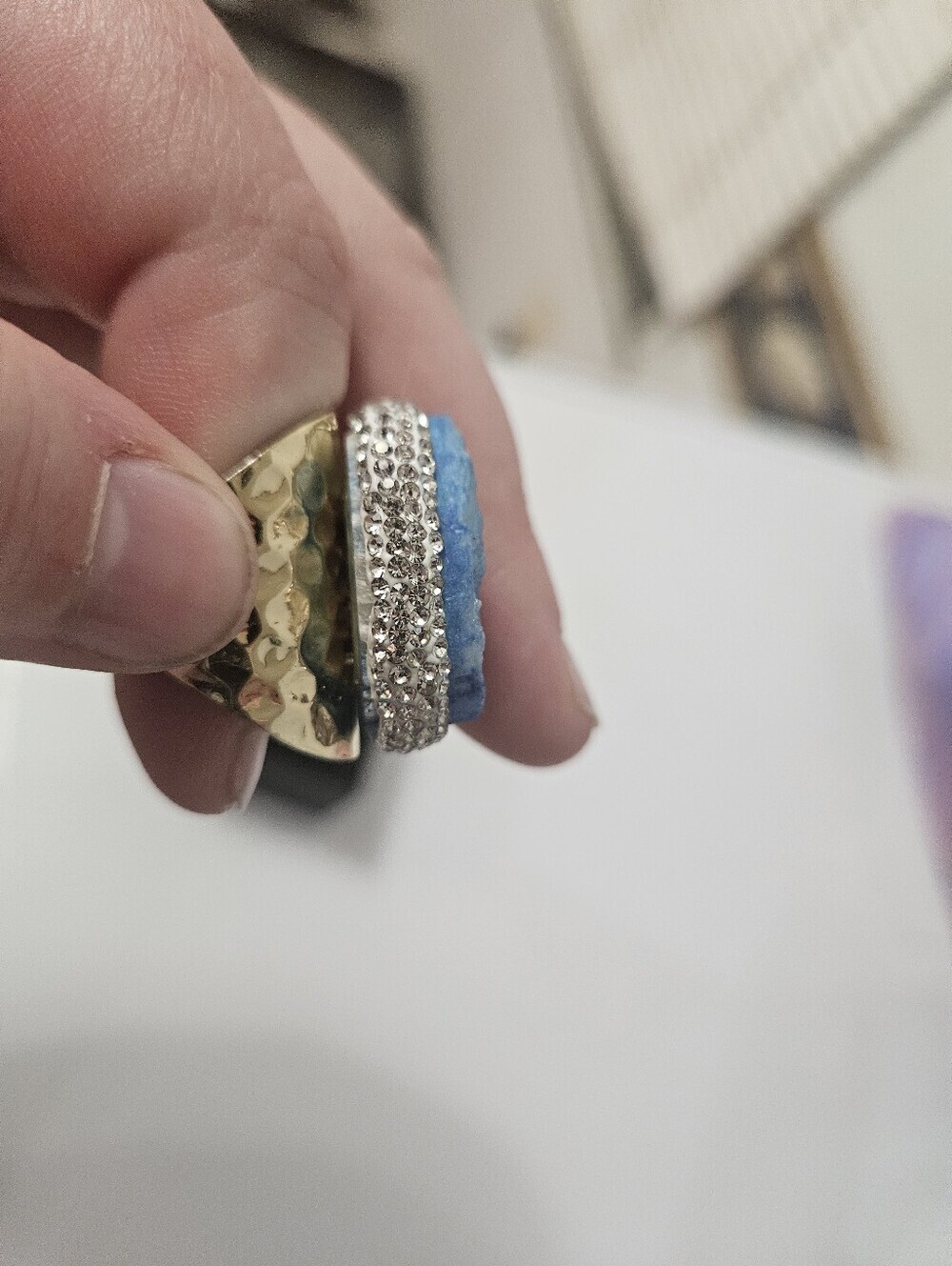 Blue Apatite Adjustable Druzy Gold Tone Cuff Ring Surrounded In CZ! - Picture 3 of 4